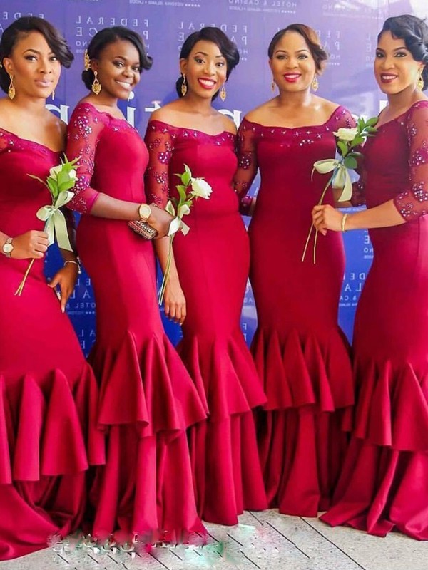 Sleeves Floor-Length Stretch 3/4 Trumpet/Mermaid Off-the-Shoulder Ruched Crepe Bridesmaid Dresses