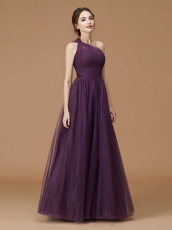 One-Shoulder Floor-Length A-Line/Princess Ruched Sleeveless Tulle Bridesmaid Dresses