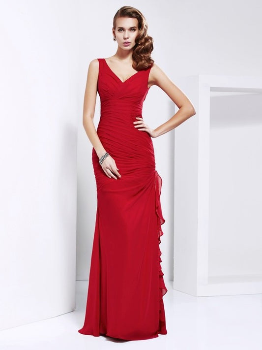 V-neck Sheath/Column Ruched Sleeveless Long Chiffon Dresses