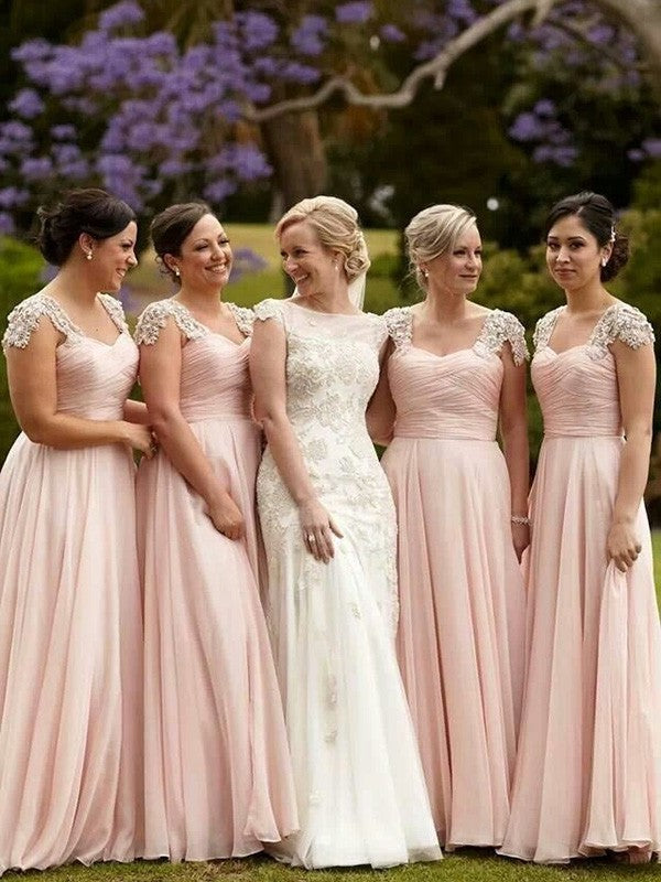 Sleeves Beading Chiffon A-Line/Princess Square Short Floor-Length Bridesmaid Dresses