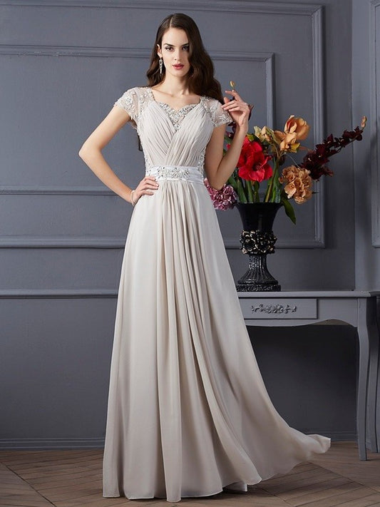 Sleeves Beading Short Sweetheart A-Line/Princess Long Chiffon Dresses