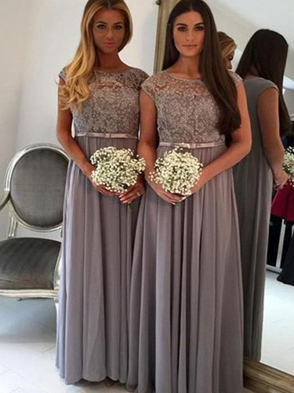 Floor-Length Applique A-Line/Princess Scoop Chiffon Bridesmaid Dresses