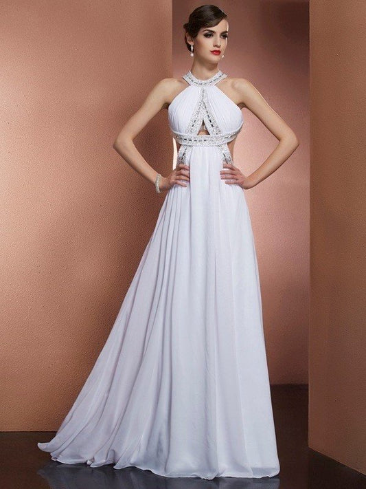 Sleeveless A-Line/Princess Beading Bateau Long Chiffon Dresses