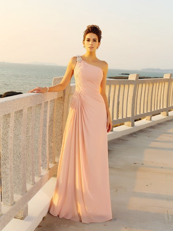 One-Shoulder Sleeveless A-Line/Princess Beading Long Chiffon Dresses