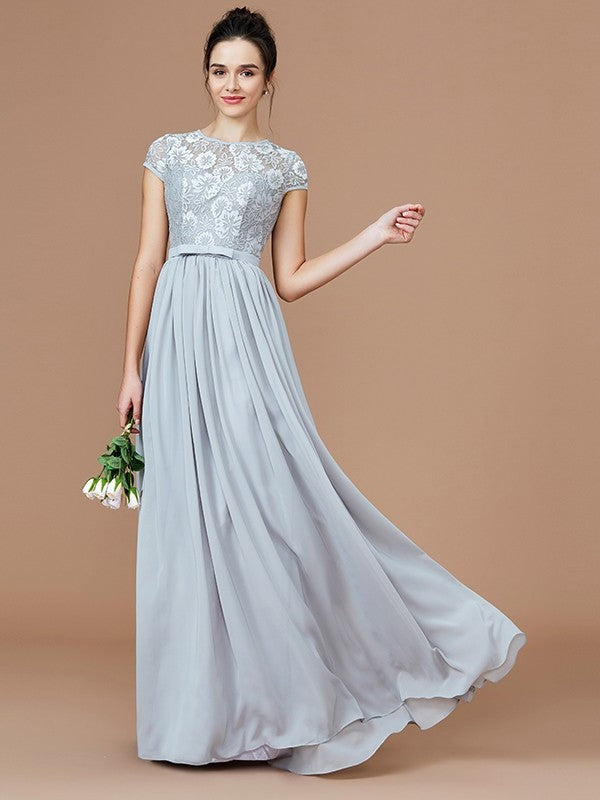 Lace A-Line/Princess Sleeves Short Jewel Floor-Length Chiffon Bridesmaid Dresses