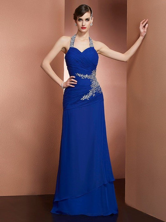 Halter Sheath/Column Beading Sleeveless Long Chiffon Dresses