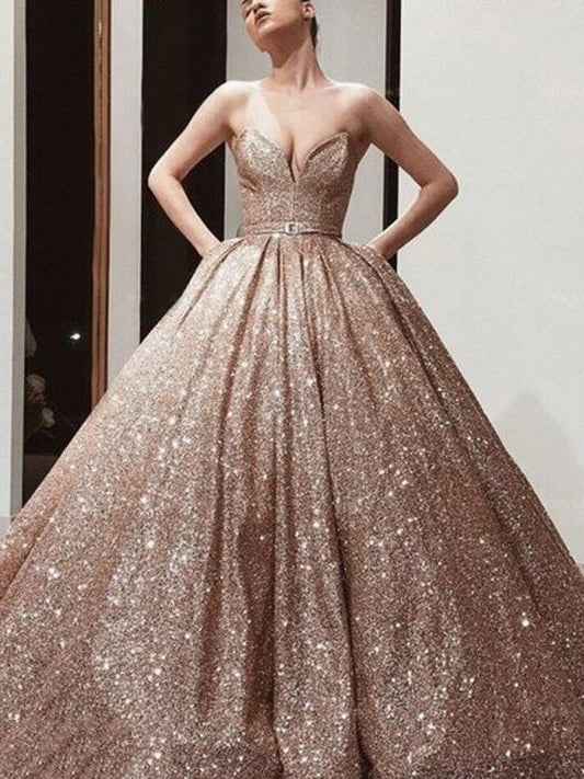 Gown Sequins Sash/Ribbon/Belt Ball Sweetheart Sleeveless Floor-Length Dresses