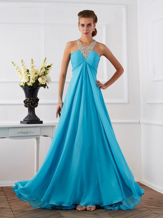 Halter Beading Empire Sleeveless Long Chiffon Dresses