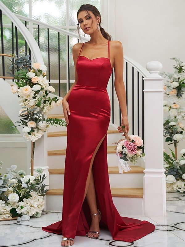 Woven Sweep/Brush Sleeveless Ruched Elastic Satin Sheath/Column Square Train Bridesmaid Dresses