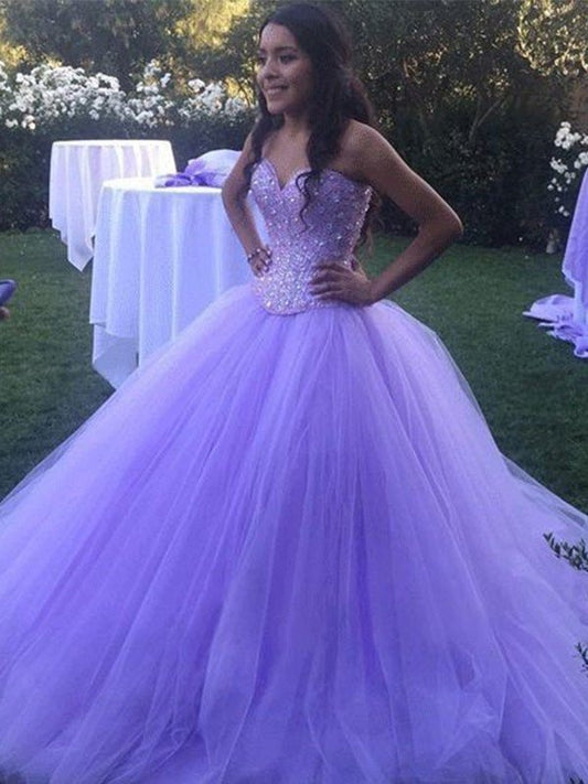 Beading Sleeveless Ball Gown Tulle Sweetheart Sweep/Brush Train Dresses