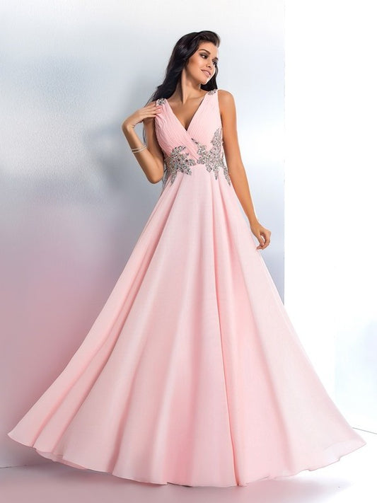 A-Line/Princess Beading V-neck Sleeveless Long Chiffon Dresses