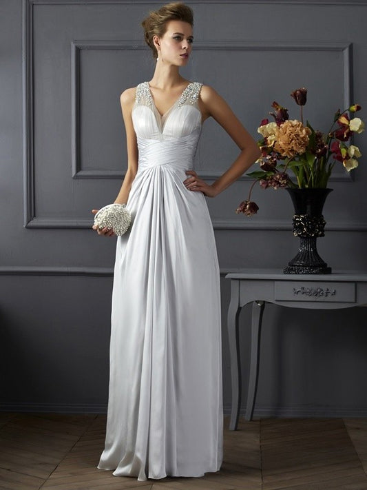 Beading A-Line/Princess Straps Silk Sleeveless Long like Satin Dresses