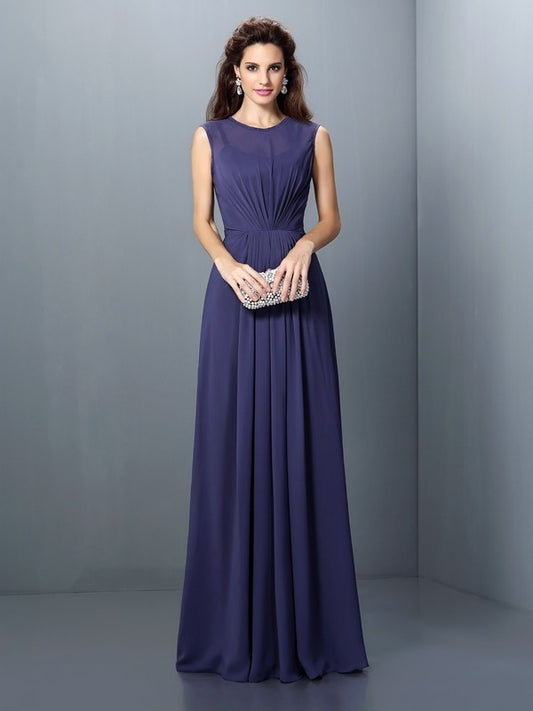 High Sleeveless A-Line/Princess Neck Long Pleats Chiffon Bridesmaid Dresses