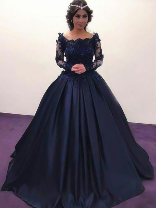 Long Train Gown Bateau Ball Sleeves Sweep/Brush Applique Satin Dresses