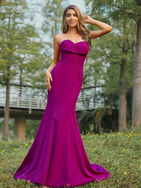 Sheath/Column Sweep/Brush Ruched Sleeveless Stretch Sweetheart Crepe Train Bridesmaid Dresses