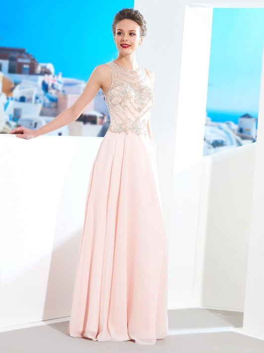 A-Line/Princess Scoop Sleeveless Chiffon Crystal Floor-length Dresses