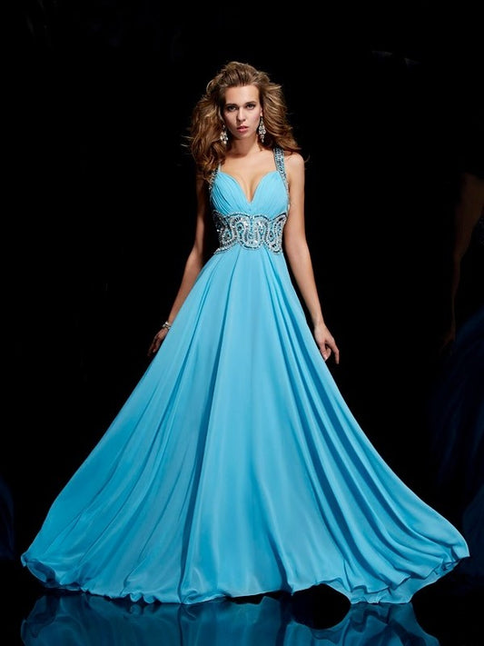 Sleeveless Beading A-Line/Princess Straps Long Chiffon Dresses