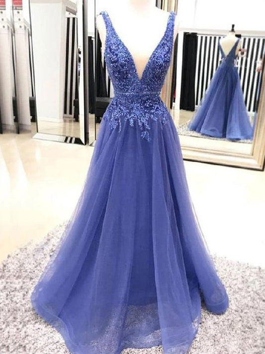 Sleeveless Floor-Length A-Line/Princess V-neck Applique Tulle Dresses