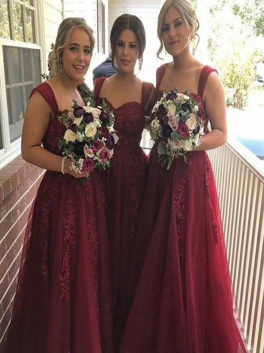 Sleeveless A-Line/Princess Applique Floor-Length Straps Tulle Bridesmaid Dresses