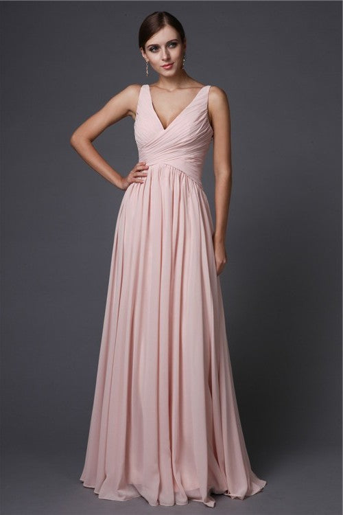 A-Line/Princess Ruffles V-neck Sleeveless Long Chiffon Bridesmaid Dresses