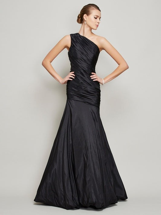 Long One-Shoulder Sleeveless A-Line/Princess Pleats Taffeta Bridesmaid Dresses