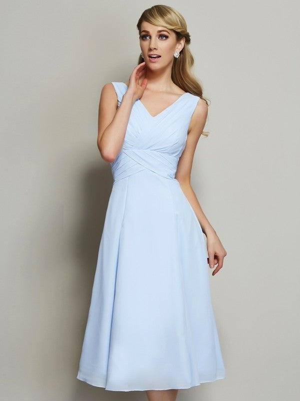 Pleats Short A-Line/Princess Sleeveless V-neck Chiffon Bridesmaid Dresses