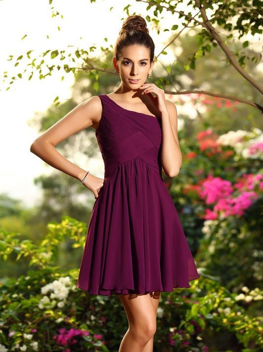 One-Shoulder Pleats Sleeveless A-Line/Princess Short Chiffon Bridesmaid Dresses