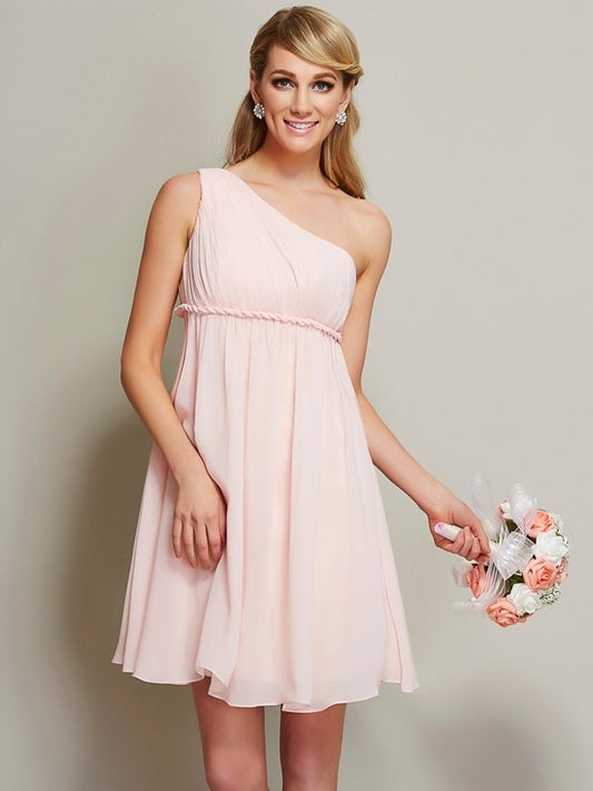 A-Line/Princess One-Shoulder Short Sash/Ribbon/Belt Sleeveless Chiffon Bridesmaid Dresses