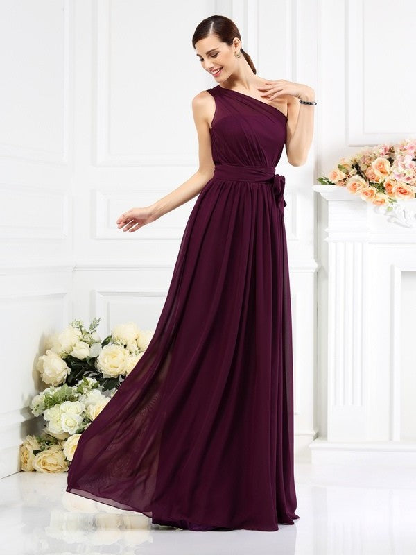 Long One-Shoulder Sash/Ribbon/Belt Sleeveless A-Line/Princess Chiffon Bridesmaid Dresses