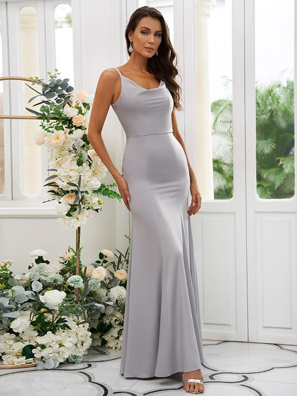 Ruffles Charmeuse Sleeveless Square Sheath/Column Floor-Length Bridesmaid Dresses