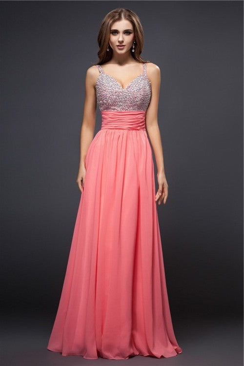 Sleeveless Straps Spaghetti Beading Sheath/Column Long Chiffon Dresses