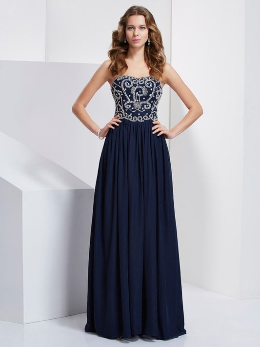 Sleeveless Beading Strapless A-Line/Princess Long Chiffon Dresses