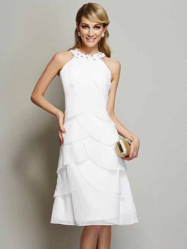 Bateau Short Sheath/Column Beading Sleeveless Chiffon Bridesmaid Dresses