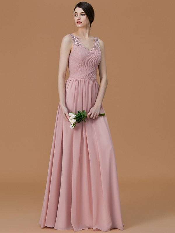 Floor-Length V-neck A-Line/Princess Sleeveless Beading Chiffon Bridesmaid Dresses