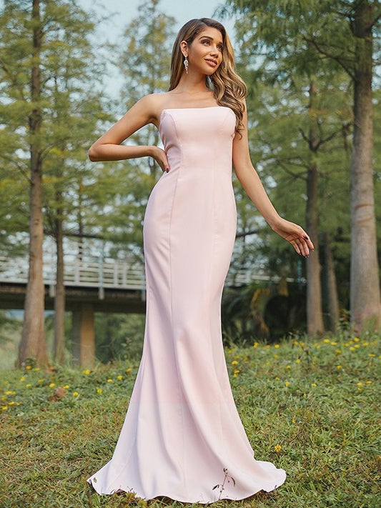 Sleeveless Sweep/Brush Ruched Stretch Strapless Sheath/Column Crepe Train Bridesmaid Dresses