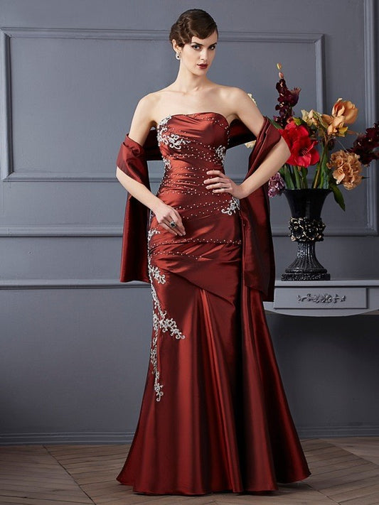 Sheath/Column Beading Sleeveless Strapless Long Taffeta Dresses