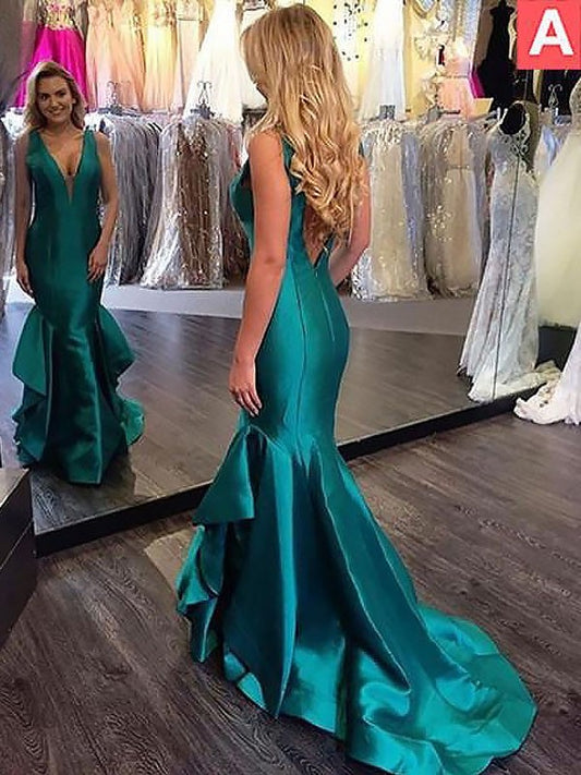 Satin Sleeveless Layers V-Neck Trumpet/Mermaid Sweep/Brush Train Dresses