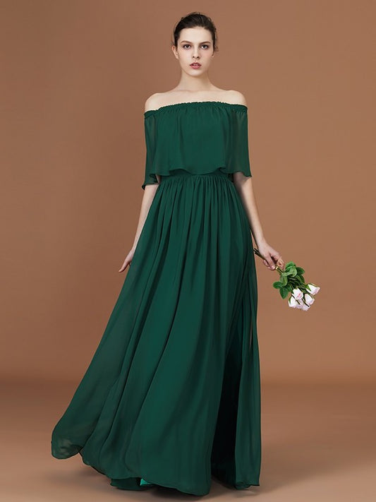 Off-the-Shoulder A-Line/Princess Pleats Floor-Length Chiffon Bridesmaid Dress