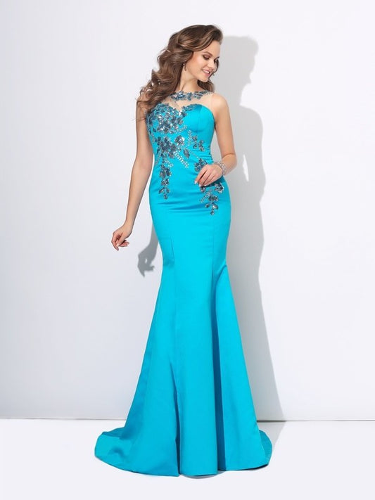 Sleeveless Trumpet/Mermaid Scoop Applique Long Satin Dresses