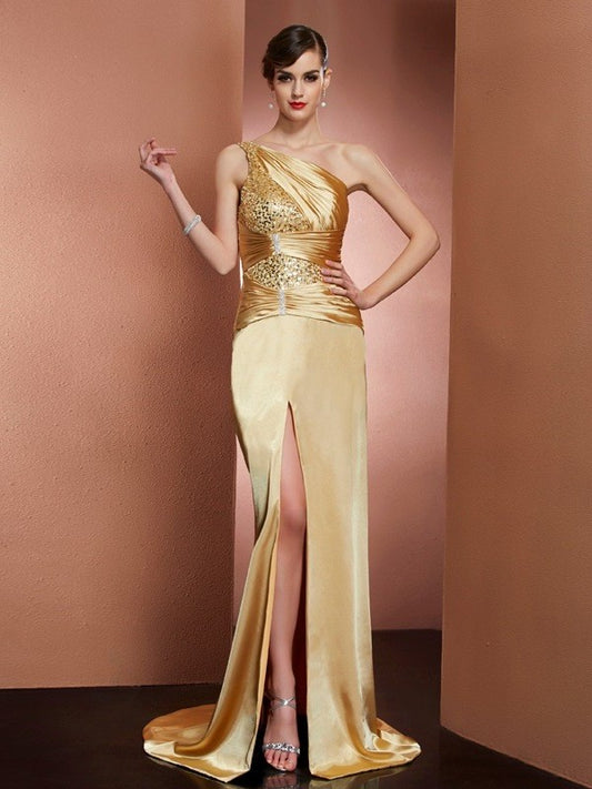 Sleeveless Long Sheath/Column Elastic One-Shoulder Beading Woven Satin Dresses