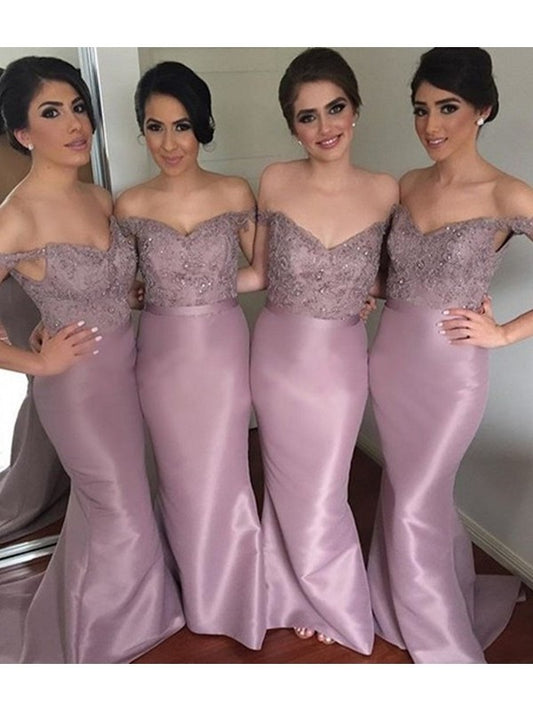 Beading Trumpet/Mermaid Train Sweep/Brush Sleeveless Off-the-Shoulder Satin Bridesmaid Dresses