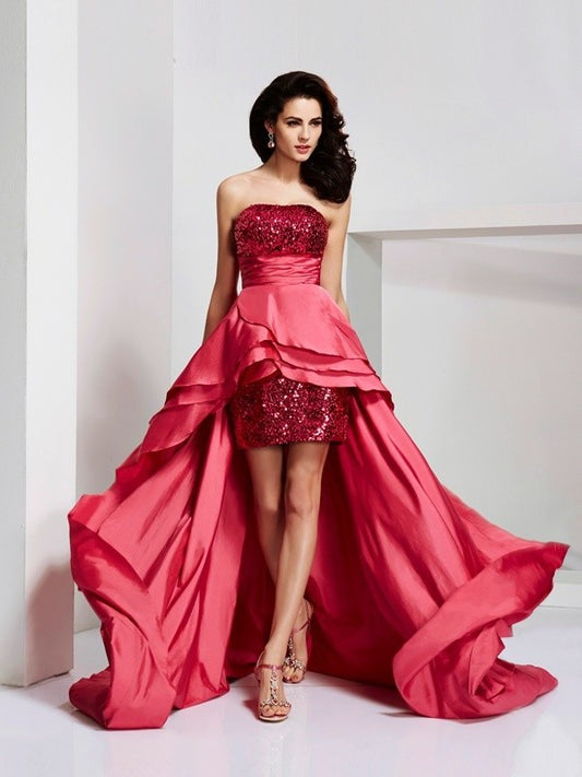 Strapless High A-Line/Princess Sleeveless Lace Low Taffeta Dresses