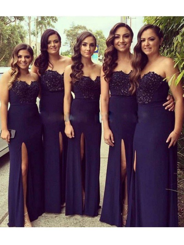 Sleeveless A-Line/Princess Floor-Length Sweetheart Lace Spandex Bridesmaid Dresses