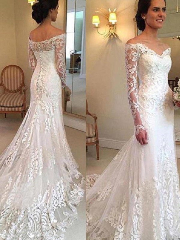 Sleeves Trumpet/Mermaid Long Applique Train Off-the-Shoulder Court Lace Wedding Dresses