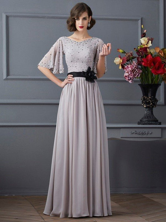 A-Line/Princess Sleeves 1/2 Beading Neck High Long Chiffon Dresses