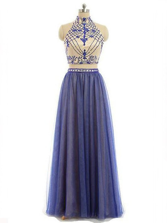 A-Line/Princess Floor-Length High Sleeveless Chiffon Beading Neck Two Piece Dresses