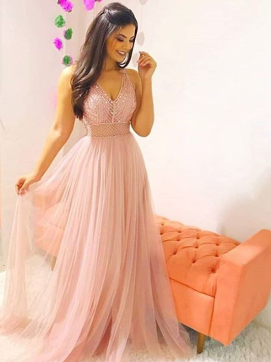 Train Sleeveless A-Line/Princess Sweep/Brush V-neck Crystal Tulle Dresses