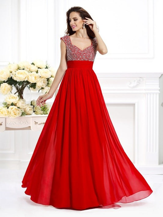 A-Line/Princess Straps Sleeveless Beading Paillette Long Chiffon Dresses