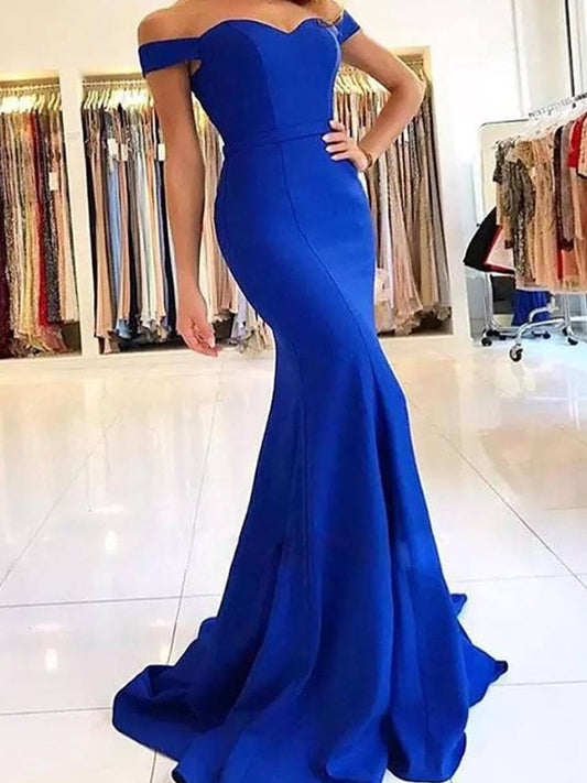 Sleeveless Train Trumpet/Mermaid Sweep/Brush Off-the-Shoulder Ruffles Satin Dresses