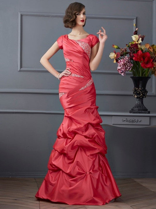 Sleeves Scoop Beading Trumpet/Mermaid Short Long Taffeta Dresses